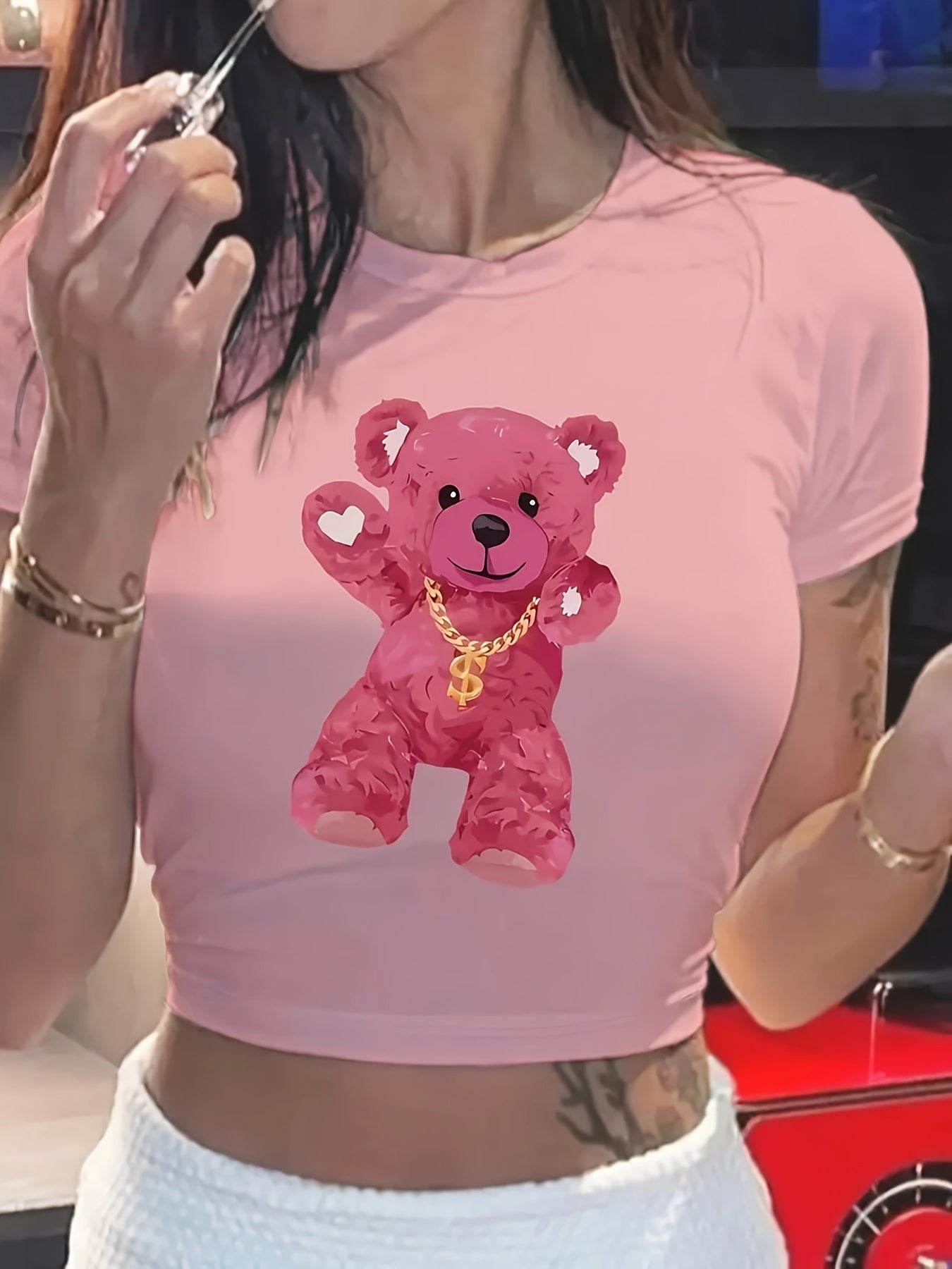 1pc Y2K Style Pink Teddy Bear Graphic Crop Top - Short Sleeve Round Neck Semi-Transparent Polyester Blend Tee for Women, Spring/Summer Casual Wear, Teddy Bear T Shirt